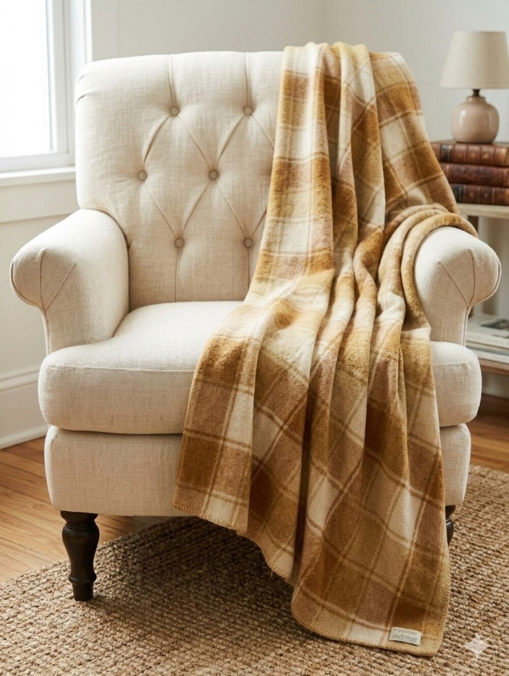 FARIBAULT WOOLEN MILLS 100% Wool Gold Plaid Full Size Blanket